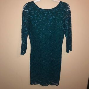 3/4 sleeve lace detailed shimmer mini dress